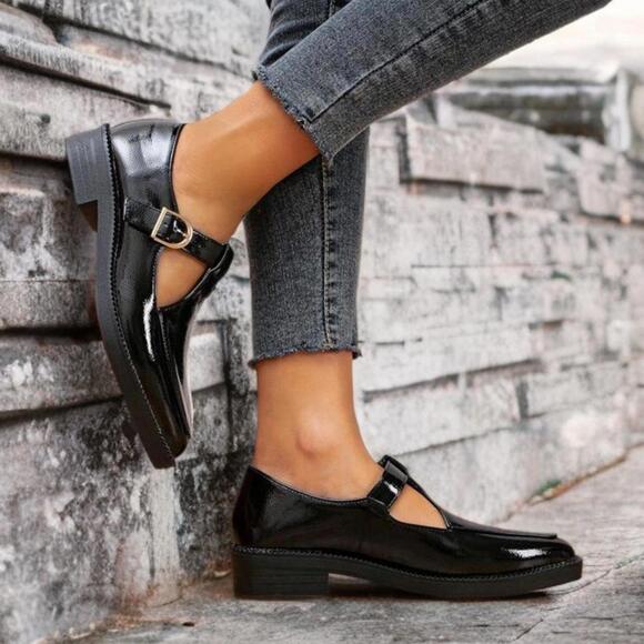 NIB Y2K Black Patent Faux Leather Chunky Platform Pointed Toe Mary Jane Shoes - Picture 2 of 7